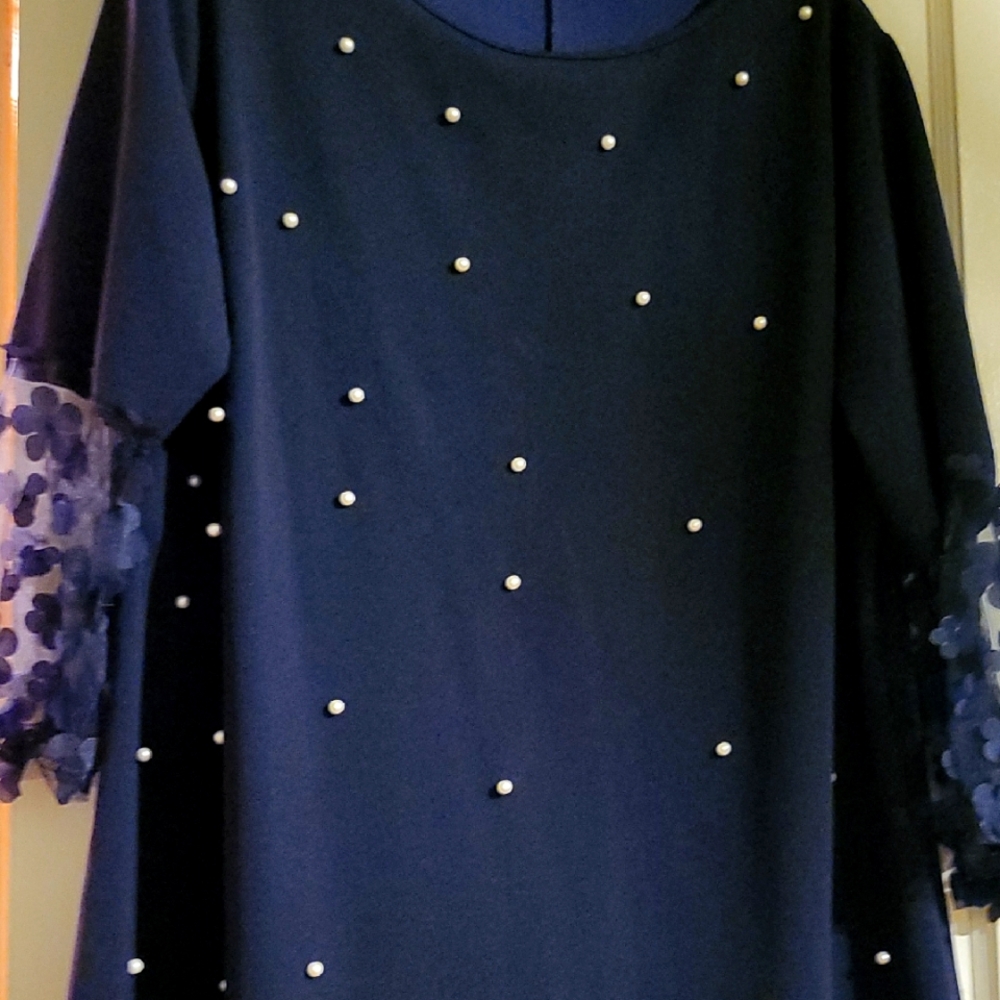 Navy Blue Dress with Pearl Accents